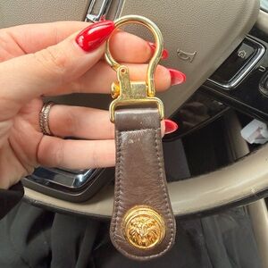 Anne Klein Brown Leather Key Fob with Gold Tone Lion Medallion